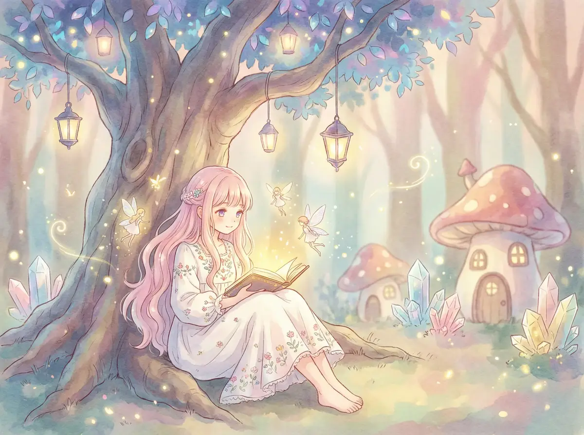 余罪全集 - 魔法森林中阅读故事书的粉发少女与精灵